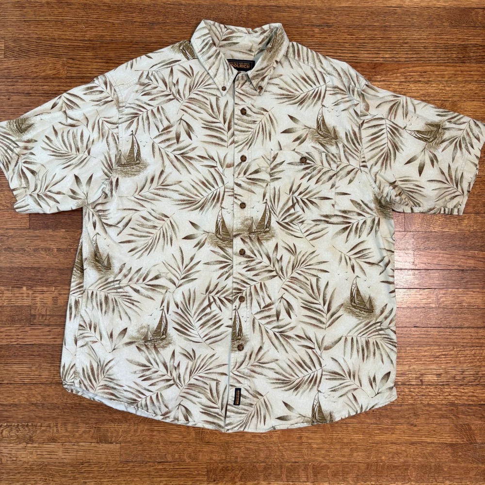 Woolrich Mens XL Button Up Shirt Palm Leaf Boat Print‎ Casual Beige Short Sleeve